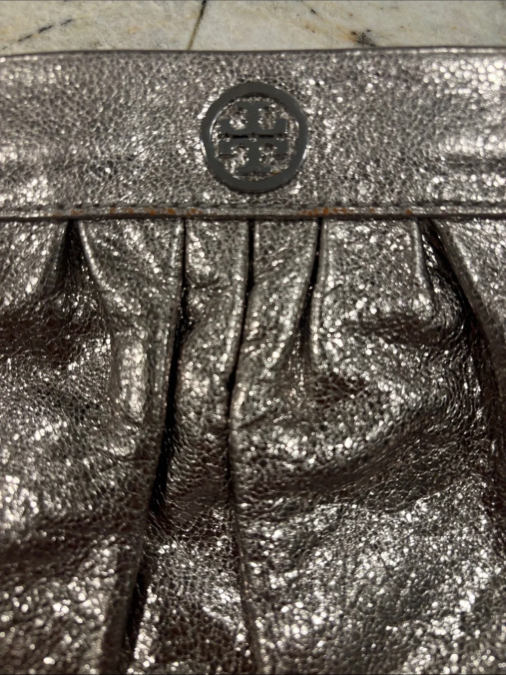 Tory Burch Shimmery Pewter Leather Wristlet Clutch